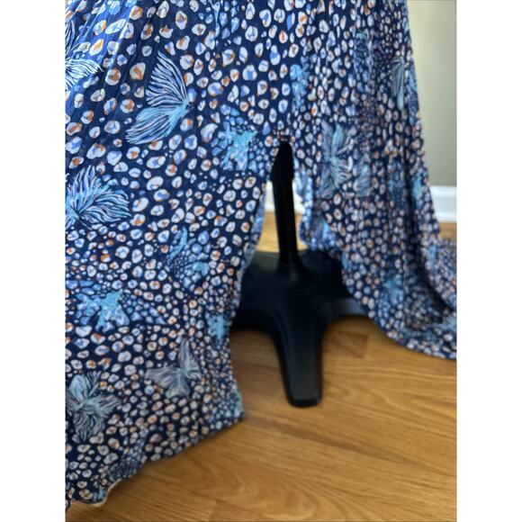 Poupette St Barth Flowy Floral Maxi Dress Blue Sz M Deep Slits LLona Long Sleeve - Picture 9 of 16